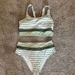 Striped Two-Piece High-Waist Bikini in Sage and Olive